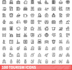 100 tourism icons set. Outline illustration of 100 tourism icons vector set isolated on white background - obrazy, fototapety, plakaty