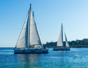 sailing yacht boats with white sails in blue sea , seascape of beautiful ships in sea gulf with...