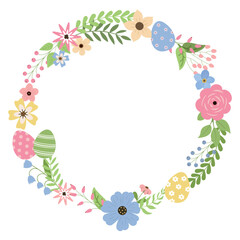 Happy Easter theme wreath with eggs, flowers and leaves. Isolated on white background. Spring decorative nest arrangement for Easter cards