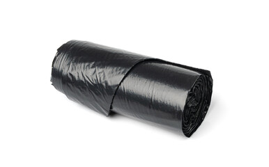 Garbage Bag Roll Isolated. Trash Package, New Rolled Plastic Bin Bags, Black Polyethylene Waste Container