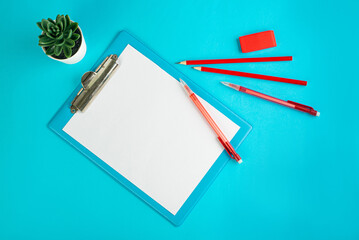 Blank Paper Tablet Top View, Empty White Sheet on Blue Table Flat Lay Mockup, Paper Tablet Texture Background