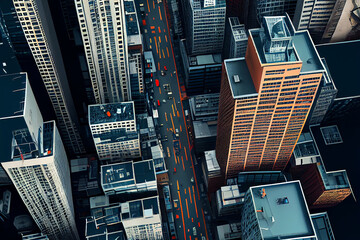 Street in Big City. Bird Fly View. Illustration Generative AI