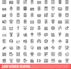 Obraz na płótnie Canvas 100 video icons set. Outline illustration of 100 video icons vector set isolated on white background