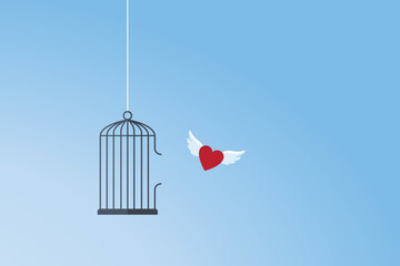 Flying heart and cage. Freedom concept. Emotion of freedom and happiness. Minimalist style.	