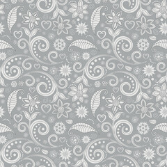 Vector seamless silvery  floral valentine pattern with white lace vintage curls and flowers