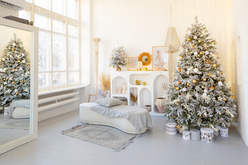 room interior with Christmas tree decorated with golden balls toys on blurred, sparkling and fabulous fairy tale background with beautiful bokeh