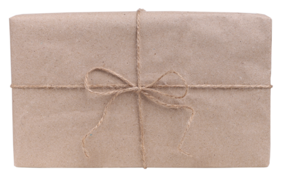 Cardboard box tied with rope, transparent background