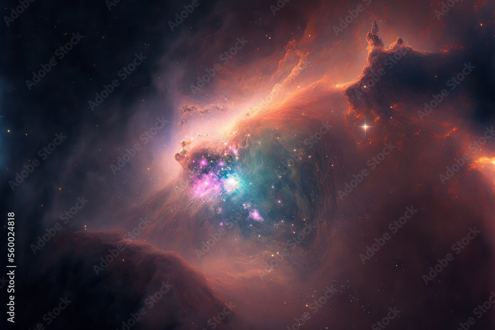 Poster Large view of a colorful dark nebula in space. Cosmic background with bright shining stars, galaxies and deep universe. Generative ai