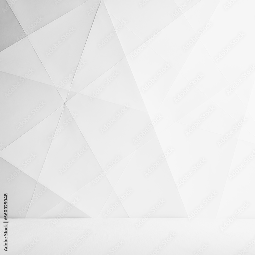 Poster white abstract geometric background as scene with crossed lines, corners and polygon shapes as wall 