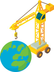 Environmental construction icon isometric vector. Building crane, planet mockup. Eco technology, environmental protection