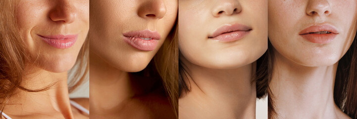 Lips, chins, shoulders. Set of cropped images of diverse women with well-kept young skin without makeup. Closeup. Beauty, skin care, facebuilding, cosmetological products, ad