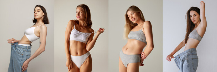 Collage. Beautiful slim women posing in oversized jeans and cotton underwear over grey background. Losing weight, natural beauty concept - obrazy, fototapety, plakaty