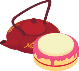 Asian tea icon isometric vector. Traditional cast iron teapot and fruit biscuit. Tea ceremony, tradition