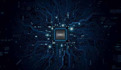 CPU Chip on Motherboard. Central Computer Processors CPU concept. Quantum computer, large data processing, database concept. Futuristic microchip processor. Digital chip.