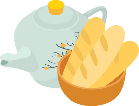 Traditional breakfast icon isometric vector. Porcelain teapot and bread baguette. Morning tea and pastry