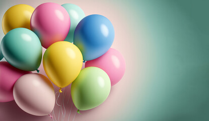 Colorful balloons in the air. Pastel color ballons flying. Celebration party decoration, copy space. AI generative