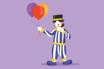 Cartoon flat style drawing female clown standing holding balloons with thumbs up gesture wearing hat and clown costume ready to entertain audience in circus arena. Graphic design vector illustration