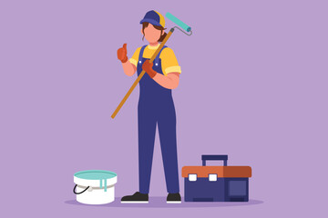 Graphic flat design drawing handywoman standing holding long roll paintbrush with thumbs up gesture and toolbox. Ready to home service, housing renovation decoration. Cartoon style vector illustration