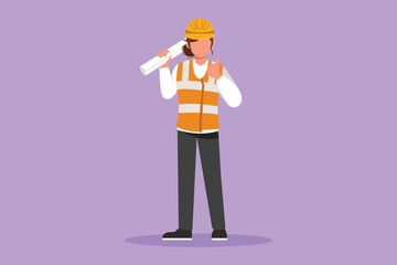 Fototapeta na wymiar Graphic flat design drawing female architect standing holding roll of paper work with thumbs up gesture and wearing helmet carrying blueprint for building work plan. Cartoon style vector illustration