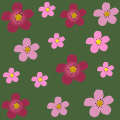 Vector seamless floral pattern pink sakura (Japanese cherry) flowers on a green background
