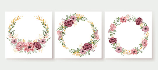 pre-made templates collection flowers, flower frames,flower wreath, flower cards with marron flower and leaf green, branches. Wedding ornament concept, Greeting card, invitation background.
