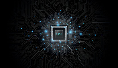 CPU Chip on Motherboard. Central Computer Processors CPU concept. Quantum computer, large data processing, database concept. Futuristic microchip processor. Digital chip.