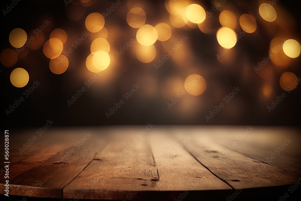 Poster blurred abstract party light backdrop with light specks and a bare wooden table. generative ai