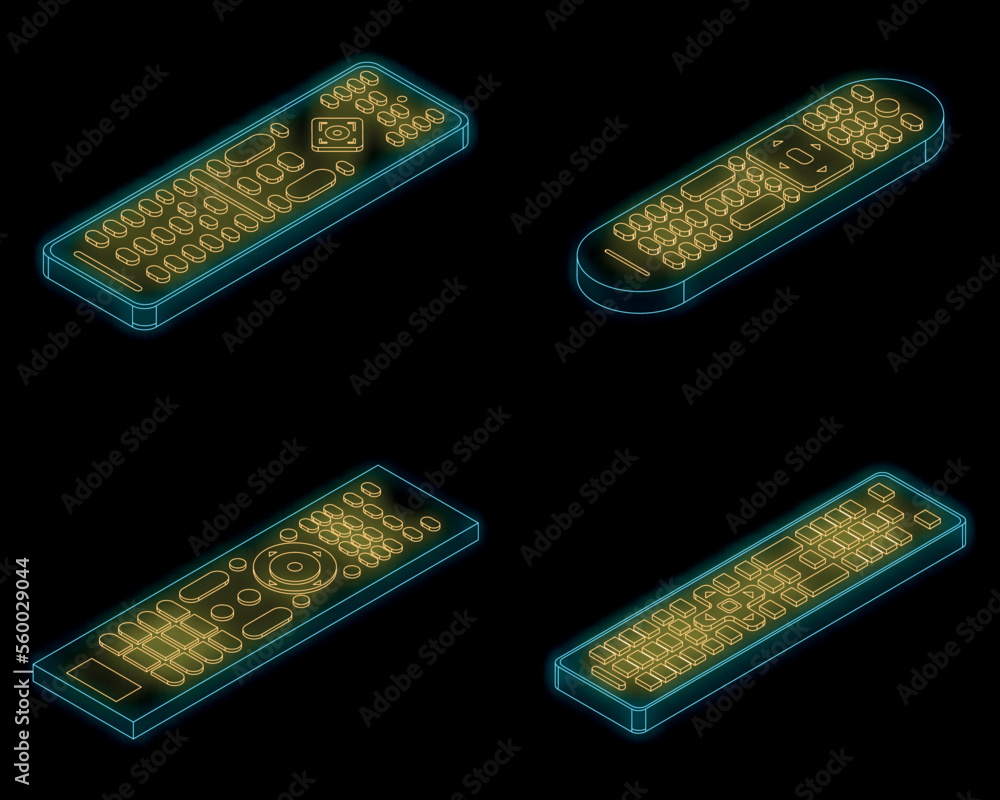 Poster remote icons set. isometric set of remote vector icons neon isolated on black background