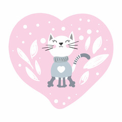 Cute cartoon kitten girl on pink heart for print graphic T-shirt.