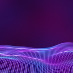 Abstract background science and technology, glow net wave neon hologram fluttering, purple and blue tones - 3D rendering.