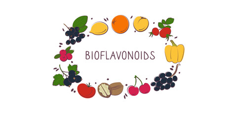 Bioflavonoid-containing food. Groups of healthy products containing vitamins and minerals. Set of fruits, vegetables, meats, fish and dairy