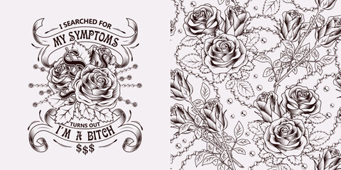 Set of pattern, emblem with text, ribbons, blooming roses, ball chains. White background. Vector monochrome vintage illustration. For T-shirt, clothing, surface design