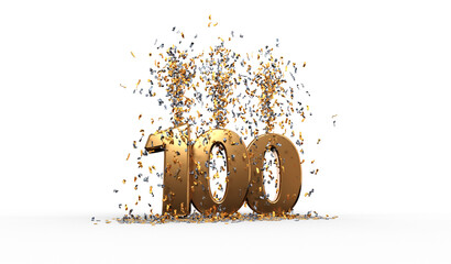 Naklejka premium numéro 100 en lettres dorées avec confettis - fond transparent - rendu 3D