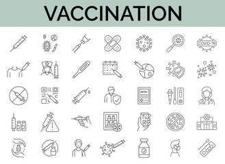Set  of 35 vaccination line icons. Editable stroke.  - obrazy, fototapety, plakaty
