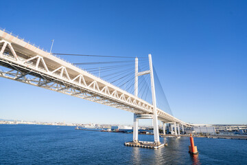 朝日を浴びる大きな白い橋