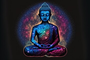 Buddha meditates on the background of the galaxy