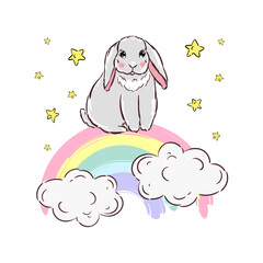 Cute little bunny on rainbow. Print for t-shirt vector design
