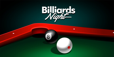 billiard green table illustration vector. realistic 3d objects snooker balls background. billiards event tournament invitation design.