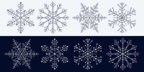 Obraz na płótnie Canvas Set of fancy snowflakes made of jewelry chains. Monochrome black and white illustration for winter sales, christmas, new year holiday, gift decoration.