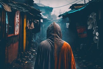Fototapeta na wymiar Lonely man walking slowly with hooded raincoat through foggy humid streets in poor squatters area of Manila city at dusk during tropical storm, - Generative AI illustration.