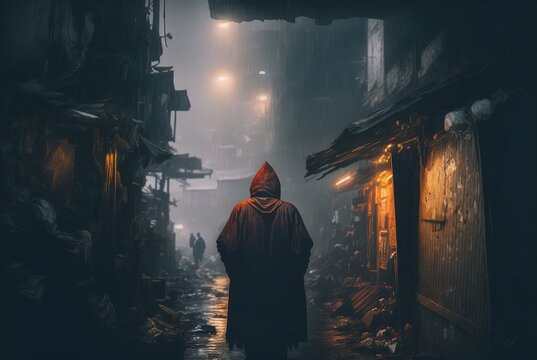 Lonely man walking slowly with hooded raincoat through foggy humid streets in poor squatters area of Manila city at dusk during tropical storm, - Generative AI illustration.