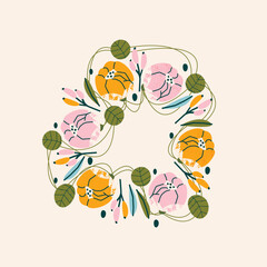 Cute botanical floral wreath illustration. Vector card, print, design