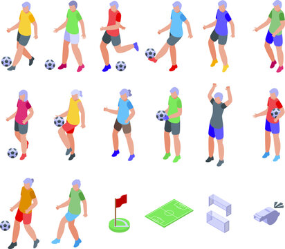 Elderly people play soccer icons set isometric vector. Soccer sport. Old play