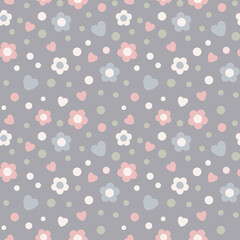 Seamless vector pattern of hearts, polka dots and flowers on a light gray pastel background