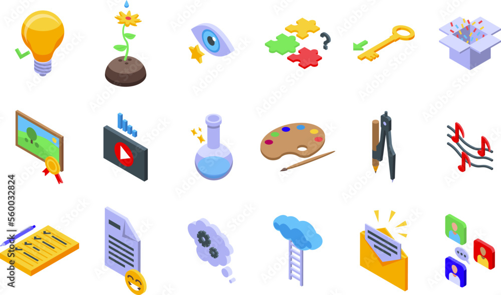 Poster creative thinking icons set isometric vector. logical head. idea solution