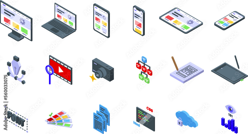 Poster responsive web design icons set isometric vector. digital content. mobile user