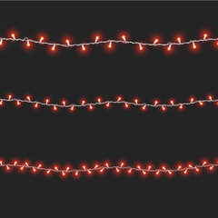 Fairy light 3D set. Led Christmas garland seamless pattern. Realistic red design, isolated black background. Hanging decoration neon lamp for New Year Christmas, birthday. Vector illustration - 560033065