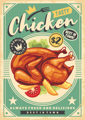 Grilled chicken meat with french fries and tomato salad promo poster design. Food vector illustration with whole roasted chicken or turkey. Retro restaurant menu advertisement.