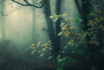 Fototapeta na wymiar Dense fog engulfs a secluded forest, creating an ethereal atmosphere. AI-Assisted Image