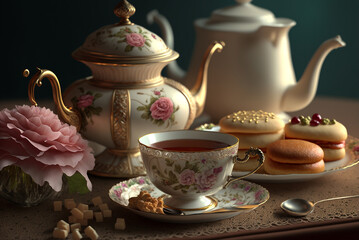 Fototapeta na wymiar Elegant tea party setting with close-up of a teapot and fine china. AI-Assisted Image
